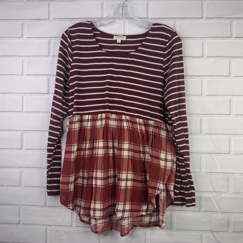 Umgee USA babydoll top stripes plaid grunge elbow patches size small